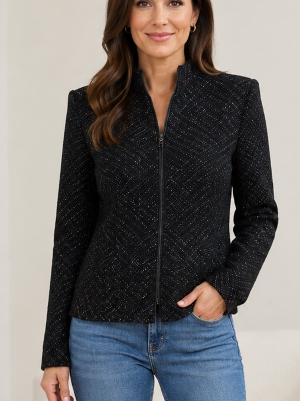 Alex Evenings Black Metallic Zip-Up Jacket Size large